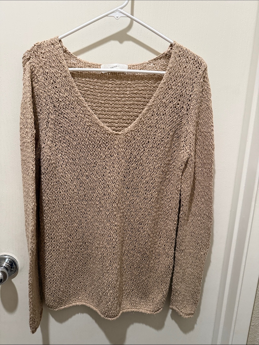 Forever 21 Taupe V-Neck Open Knit Sweater
